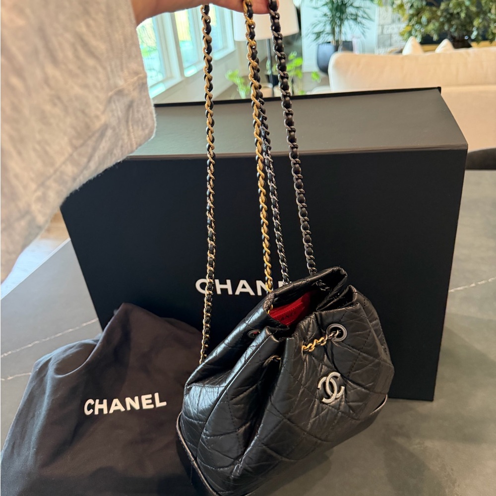 Chanel Black Quilted Drawstring backpack - image 11